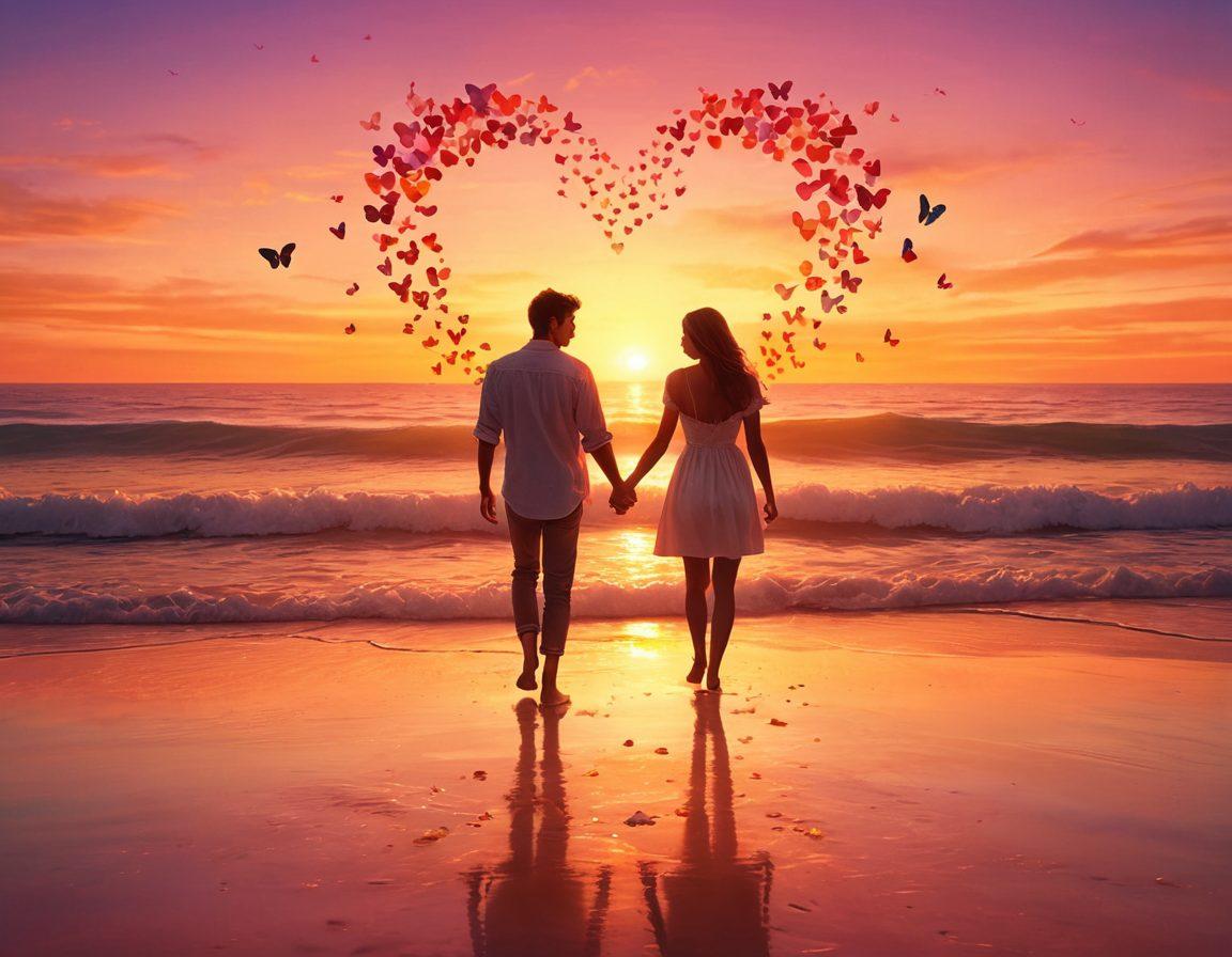 A romantic couple holding hands on a beach at sunset, with hearts and butterflies surrounding them, symbolizing love and passion. They are walking towards a glowing horizon, representing a bright future together. Vibrant colors and warm tones. Super-realistic.