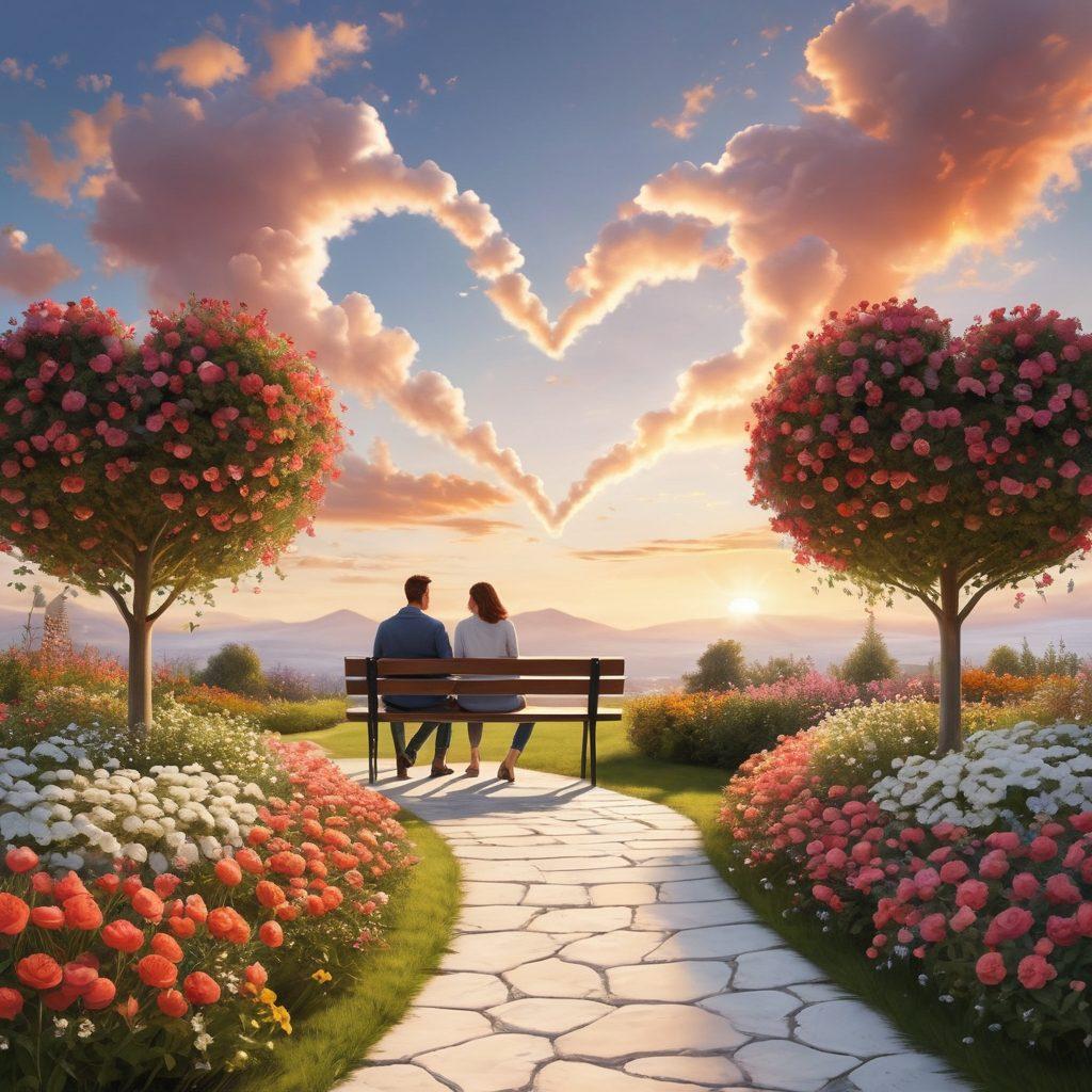A romantic couple walking hand-in-hand through a picturesque pathway surrounded by blooming flowers and a setting sun. The couple shares a loving glance, symbolizing their deep connection. Include subtle elements like a heart-shaped cloud in the sky and a quaint bench in the background to suggest time spent together. Realistic with warm, vibrant colors. super-realistic. vibrant colors. white background.