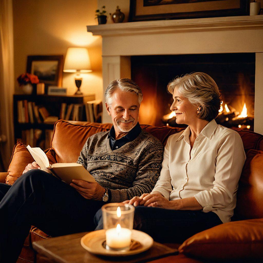 A couple in their 50s sitting on a cozy couch, surrounded by warm ambient lighting, holding hands and looking deeply into each other's eyes. There's a fireplace behind them with soft, glowing flames casting a romantic aura. Surrounding them are mementos of their shared journey: photo albums, travel souvenirs, and love letters. Super-realistic, warm tones, intimate setting, inviting atmosphere.